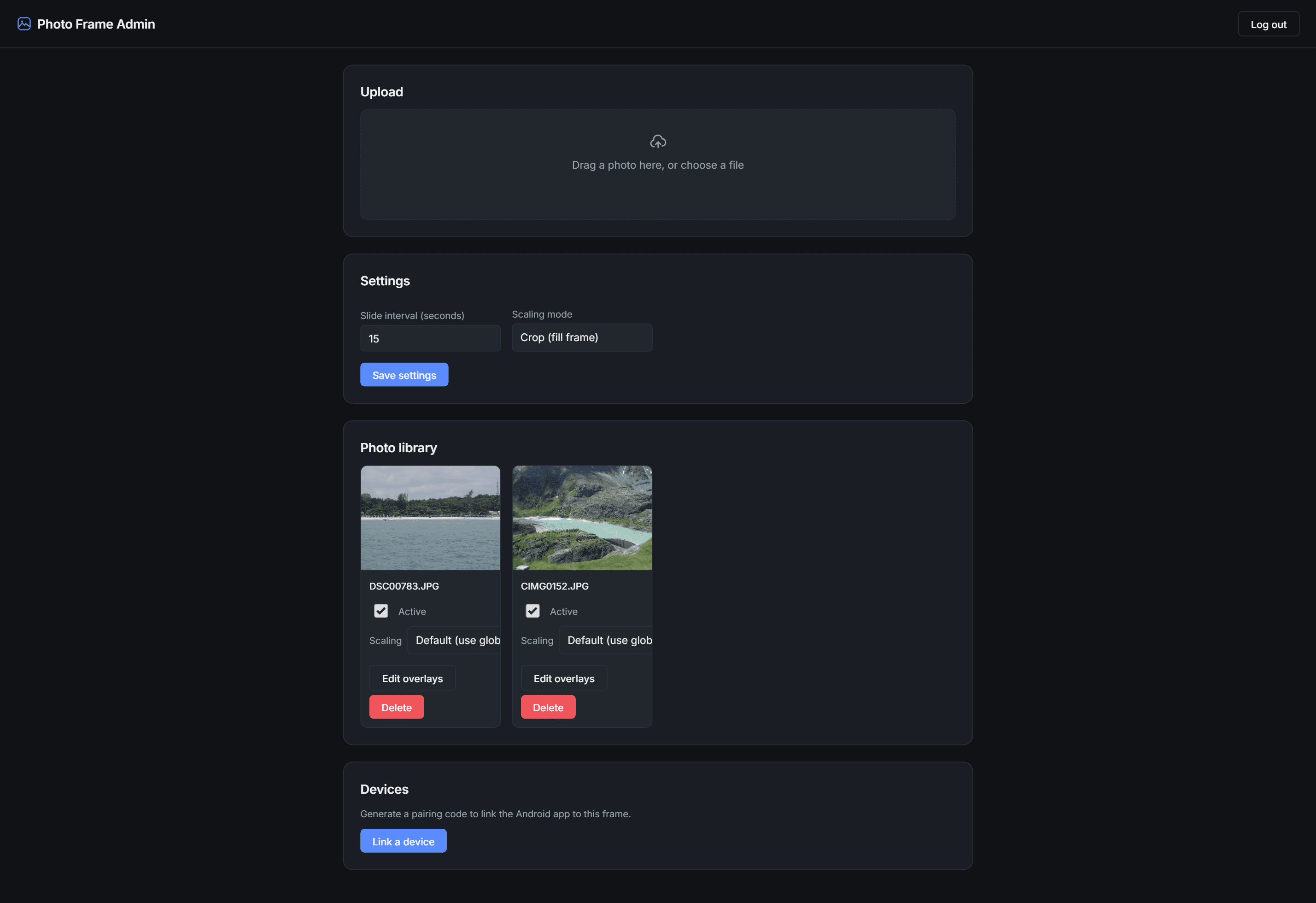 Admin dashboard with photo upload, slideshow settings, photo library, and device pairing