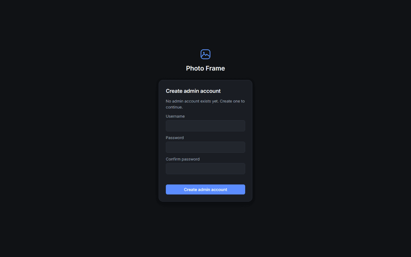 Admin setup screen for creating the first administrator account