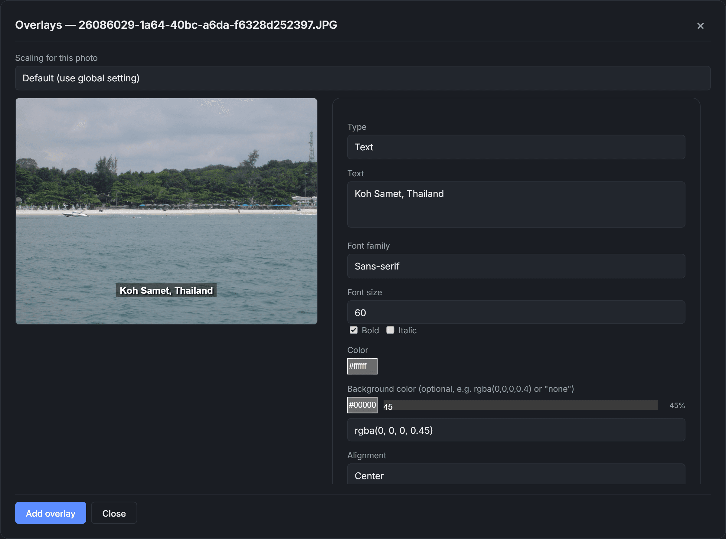 Overlay editor composing a bold text caption on a photo, with a live preview and text styling controls (font, size, color, background, alignment)