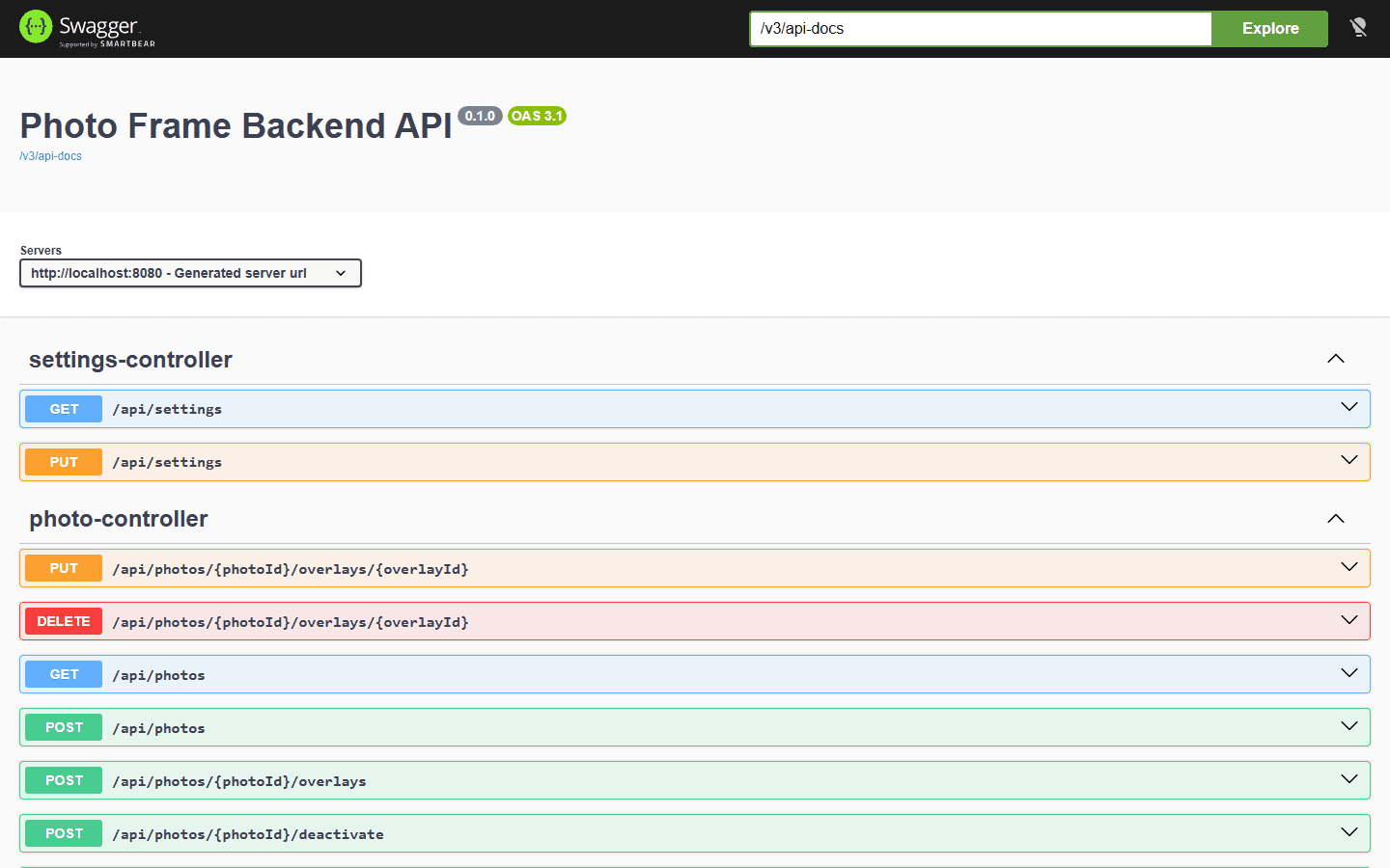 Swagger UI documenting the Photo Frame Backend REST API endpoints